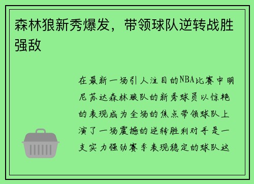 森林狼新秀爆发，带领球队逆转战胜强敌