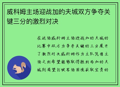 威科姆主场迎战加的夫城双方争夺关键三分的激烈对决